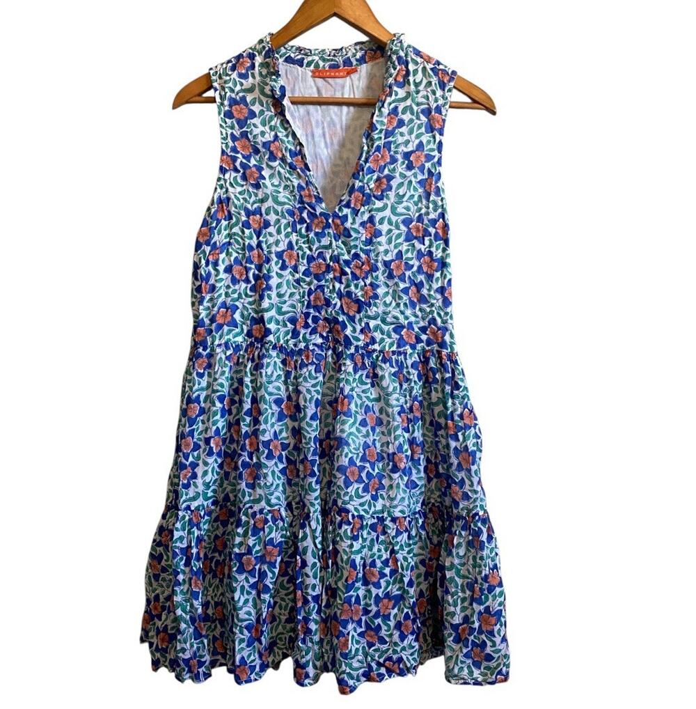 OLIPHANT Tuckernuck Floral Yoke Sleeveless Tiered Vneck Cotton Mini Dress Medium
